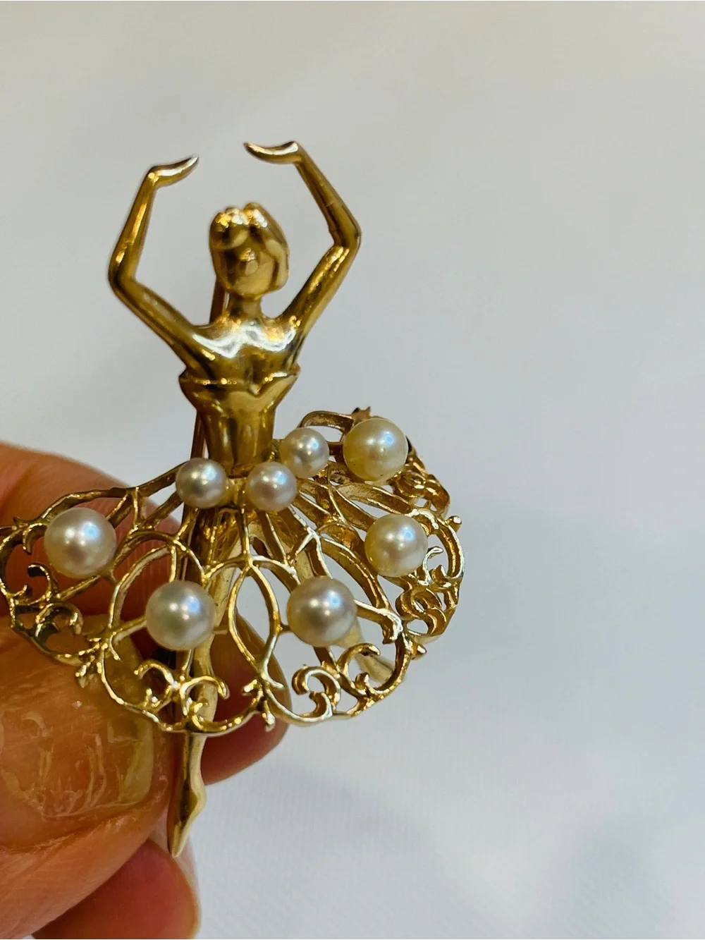 Vintage 14 Karat Yellow Gold and Cultured Pearl Ballerina Brooch Pin